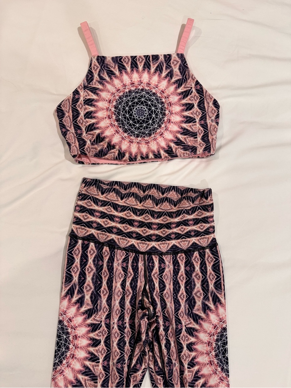 Wolven Pink and Black Geometric Mandala Sports Bra & Leggings Set